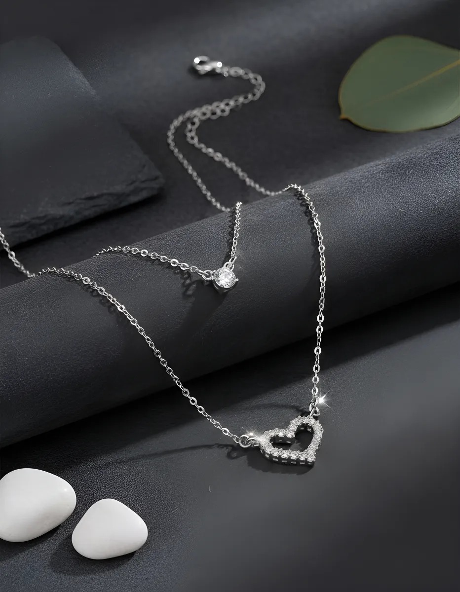 COLAR MY EK CAMADA DUPLA CORAÇÃO PRATA S925 E PEDRAS EM ZIRCÔNIAS